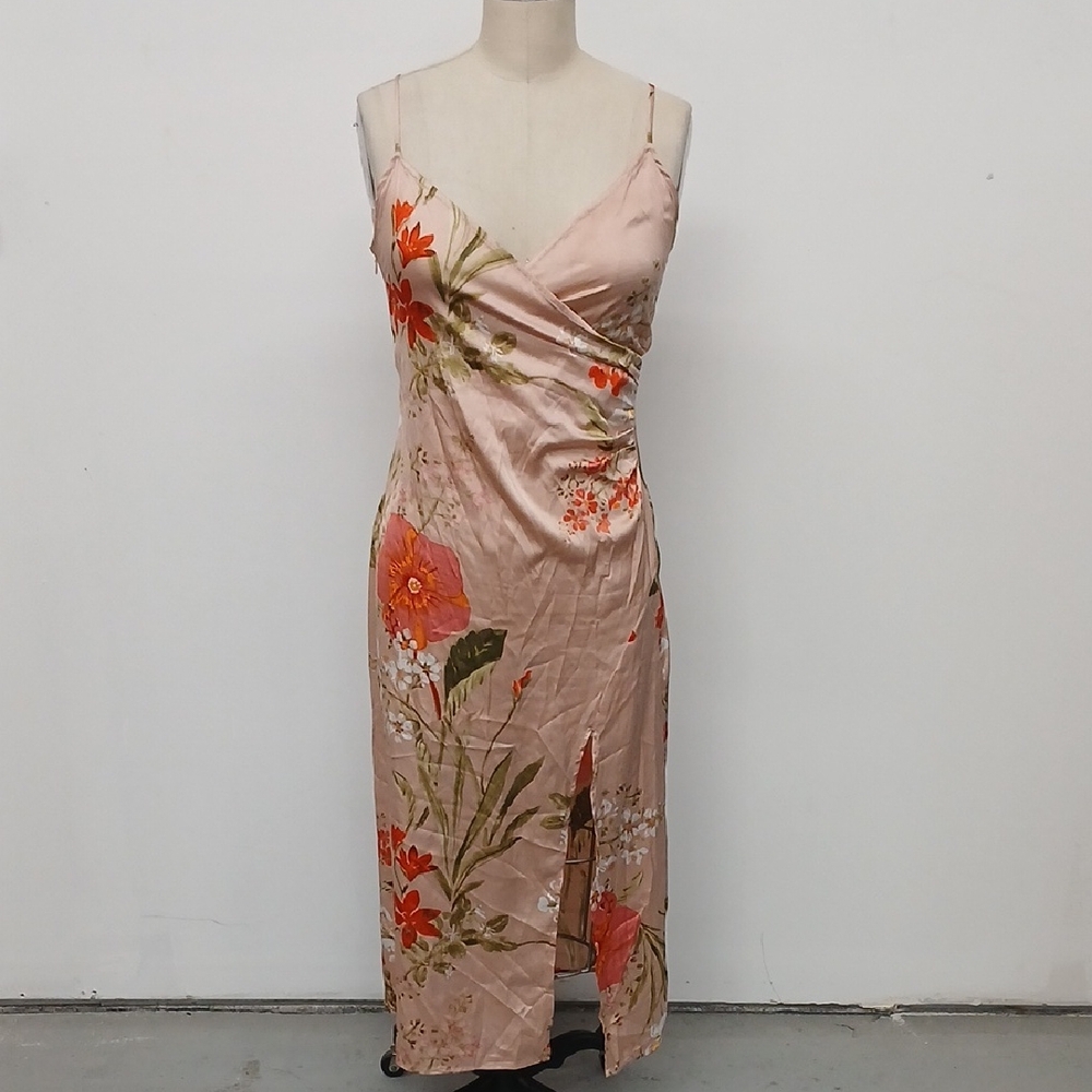 🪷Lulu's Pink Floral Satin Midi Dress with Side Slit - Picture 2 of 10